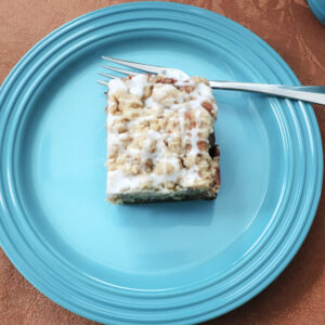 Overhead view of banana crumb cake.