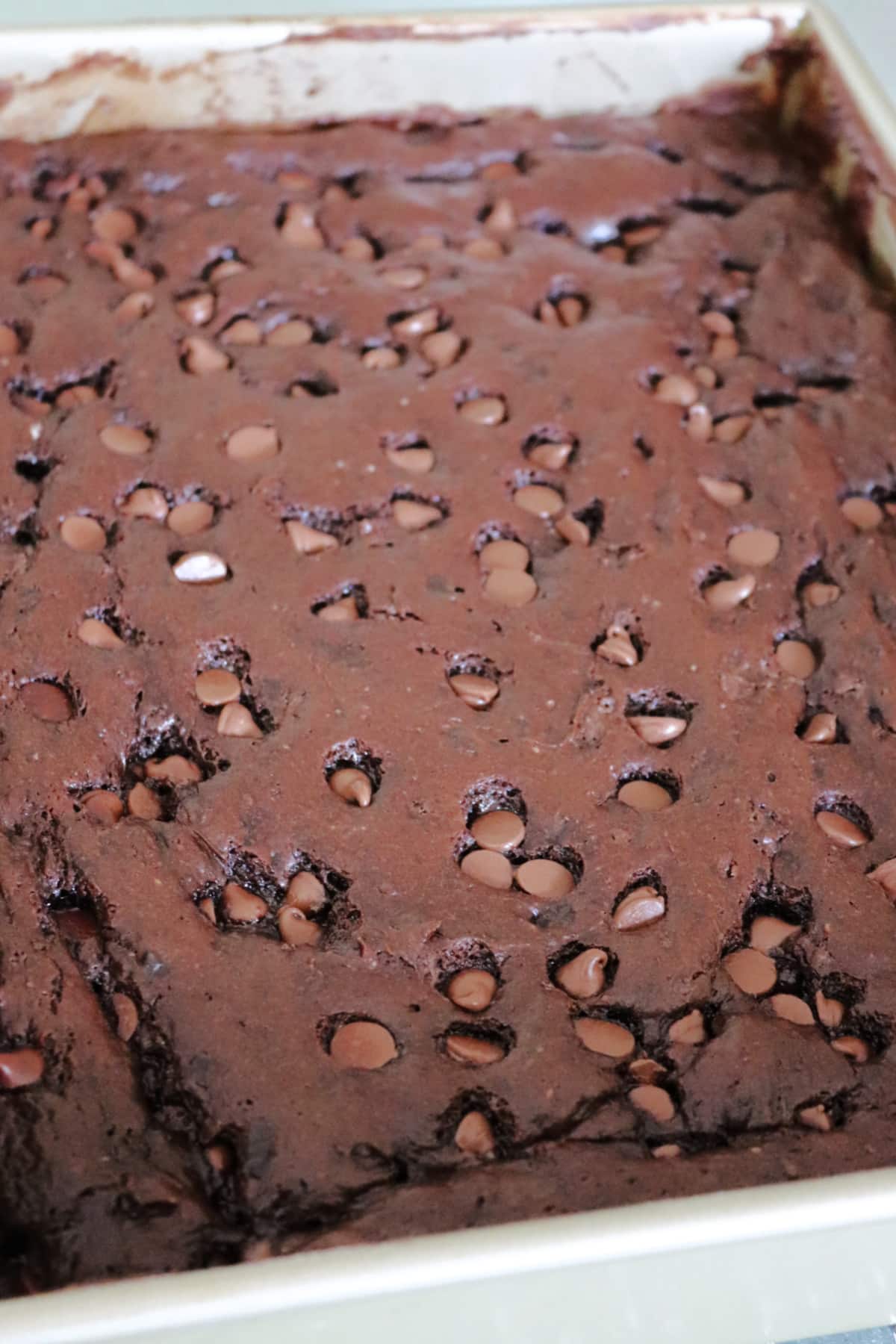 Chocolate chip dump cake in the pan.