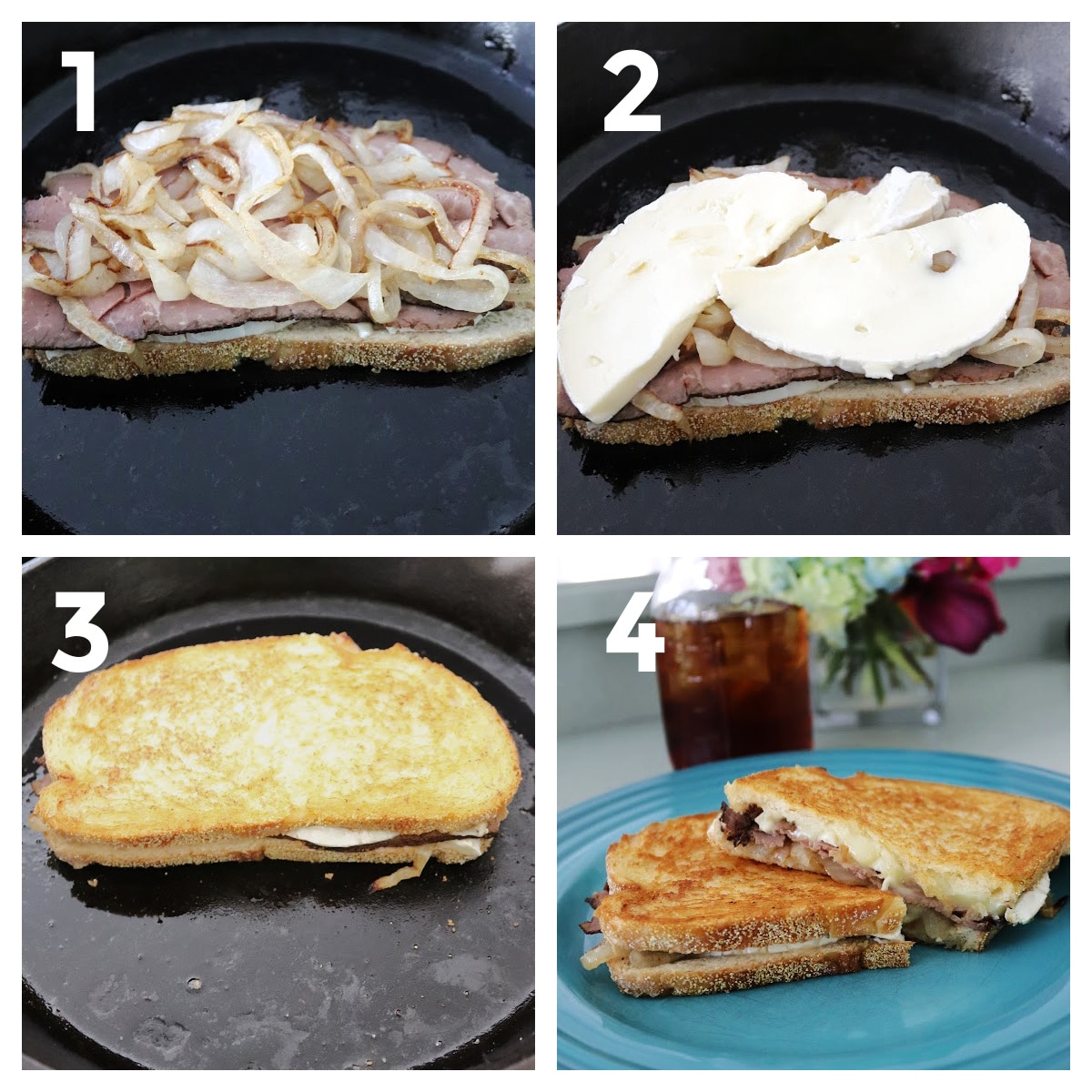 A four photo collage of the steps to make a roast beef, brie, and caramelized onions grilled cheese sandwich.